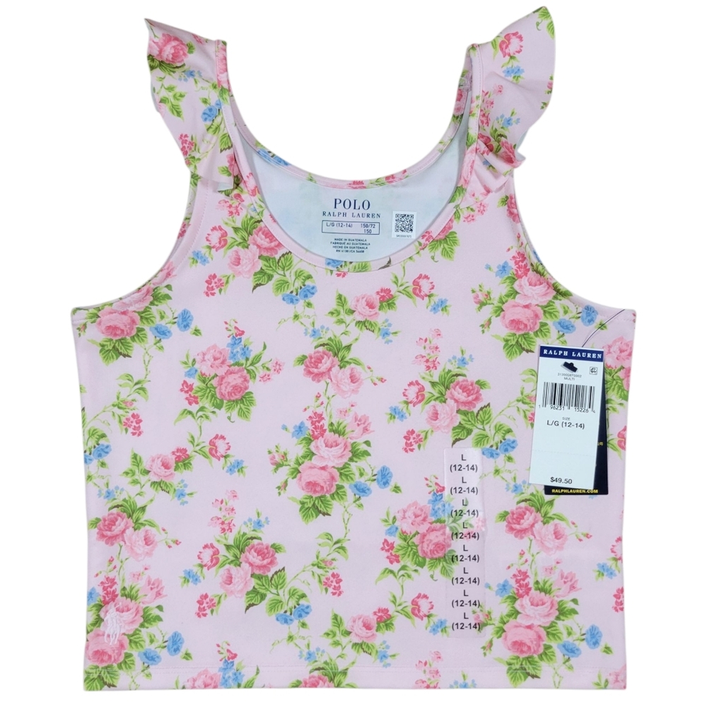 Polo Ralph Lauren Girls Top Large 12-14 Pink Floral Performance Jersey Stretch
